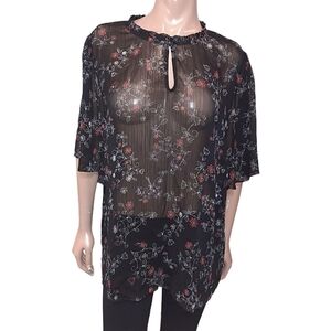 Michel Studio Sheer Floral Top Keyhole Short Sleeve Plus Size 16 Black Red Goth